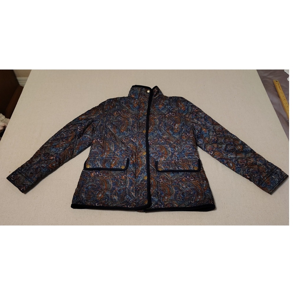 Talbots Petite Quilted Paisley Jacket‎ Womens Size SP Navy Blue Orange Brown